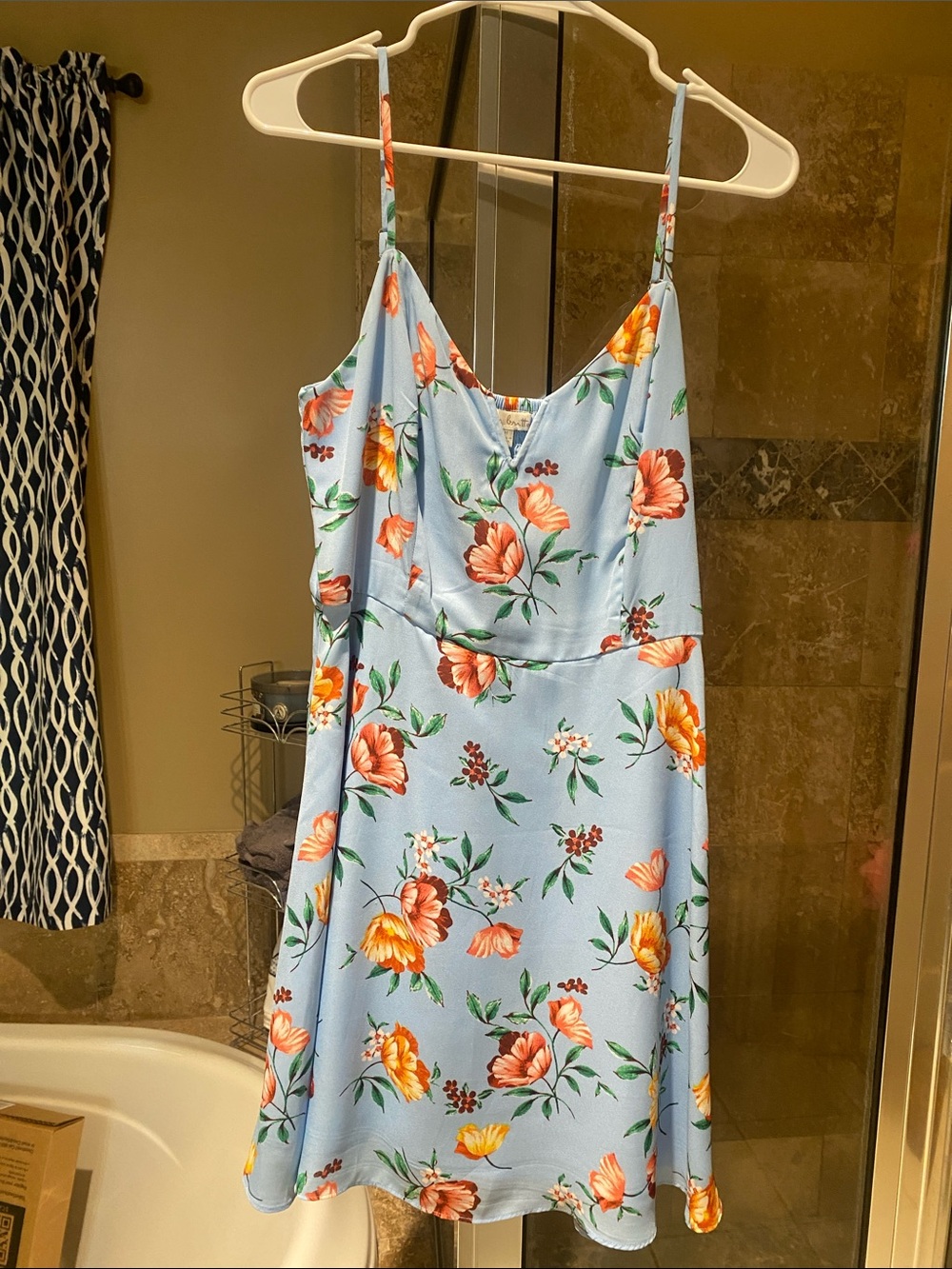 nine britton Light Blue Floral Mini Dress with Orange Blooms